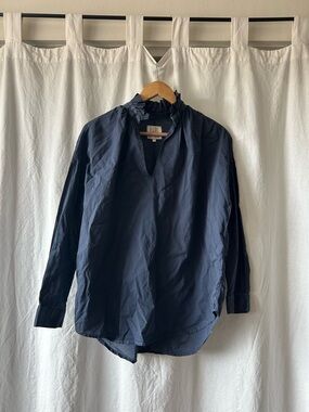 Women’s Long-Sleeve Ruffle-Neck Blouse — Navy